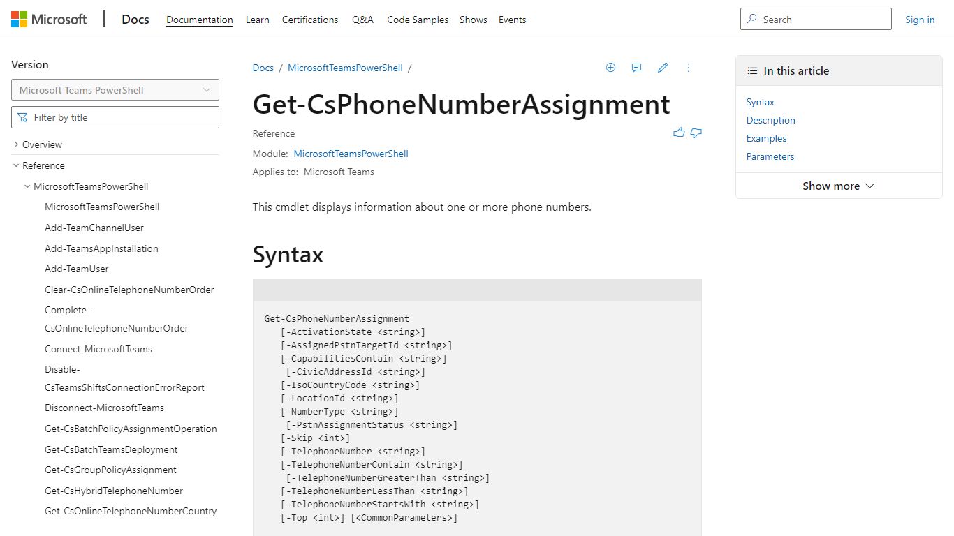 Get-CsPhoneNumberAssignment (MicrosoftTeamsPowerShell)
